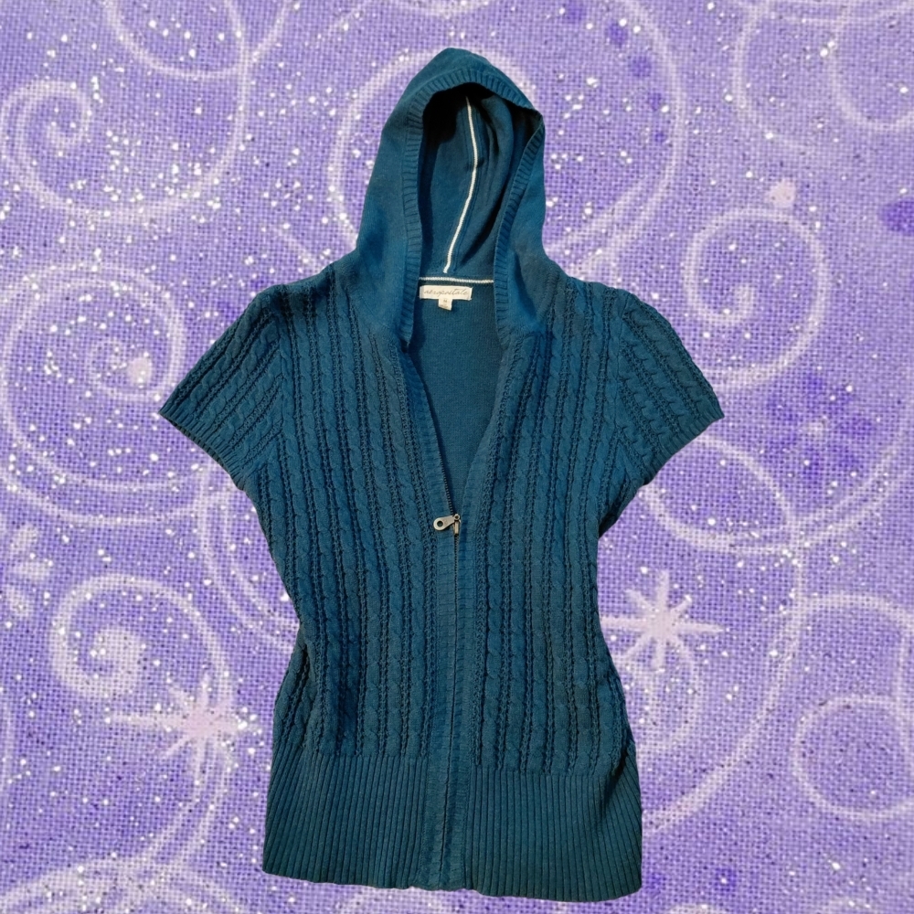 Aeropostale Blue Hooded Short-Sleeve Cable Knit Cardigan